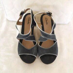 Womens Clarks Leather Wedge Sandals Shoes 10 M Blue Gray Buckle
